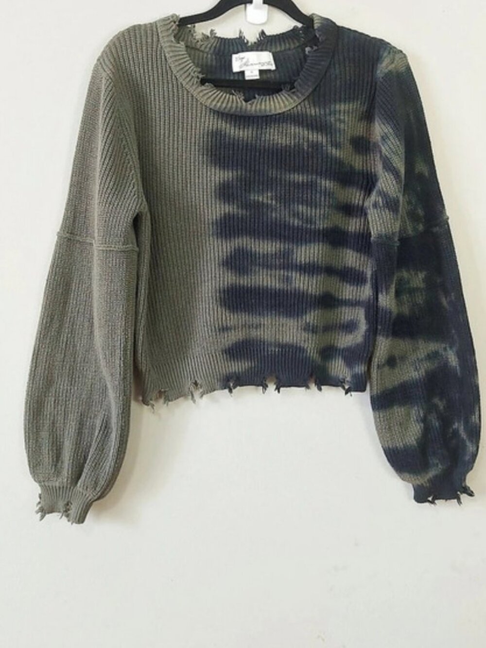 Vintage Havana Women Tie Dye Cotton Ribbed Knit Cropped Sweater Small Green Gray
